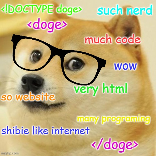 Doge | <!DOCTYPE doge>; such nerd; <doge>; much code; wow; very html; so website; many programing; shibie like internet; </doge> | image tagged in memes,doge,funny,code,coding | made w/ Imgflip meme maker