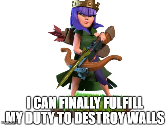 Modern archer queen | I CAN FINALLY FULFILL MY DUTY TO DESTROY WALLS | image tagged in cause of ww3,what have i done | made w/ Imgflip meme maker