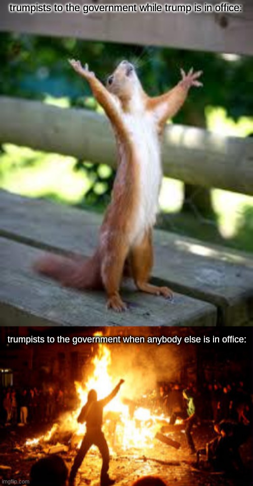 trumpists to the government while trump is in office:; trumpists to the government when anybody else is in office: | image tagged in praise squirrel,anarchy riot | made w/ Imgflip meme maker