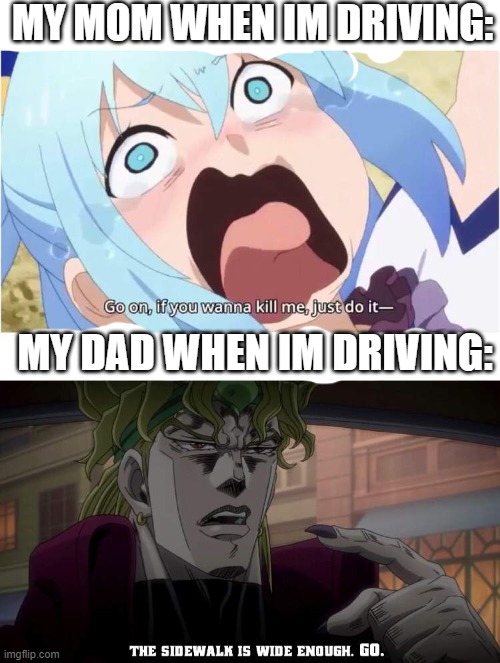 Drive | MY MOM WHEN IM DRIVING:; MY DAD WHEN IM DRIVING: | image tagged in mom,vs,dad | made w/ Imgflip meme maker