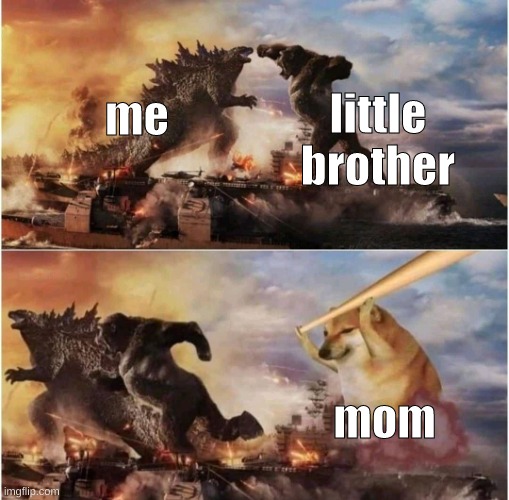 our childhood battles with our brothers | little brother; me; mom | image tagged in kong godzilla doge | made w/ Imgflip meme maker