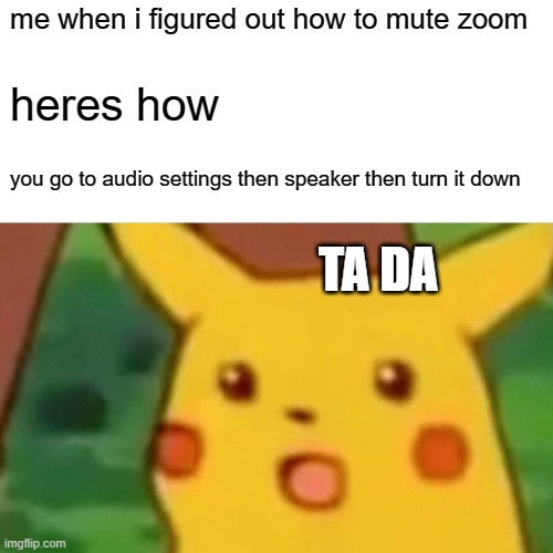 BRAH I FURED IT OUT GURLS RULE | me when i figured out how to mute zoom; heres how; you go to audio settings then speaker then turn it down; TA DA | image tagged in memes,surprised pikachu | made w/ Imgflip meme maker