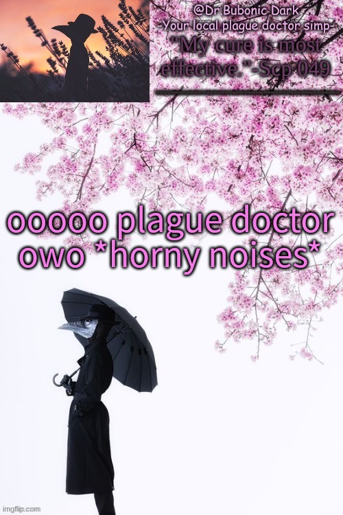 Bubonics flower doc temp | ooooo plague doctor owo *horny noises* | image tagged in bubonics flower doc temp | made w/ Imgflip meme maker