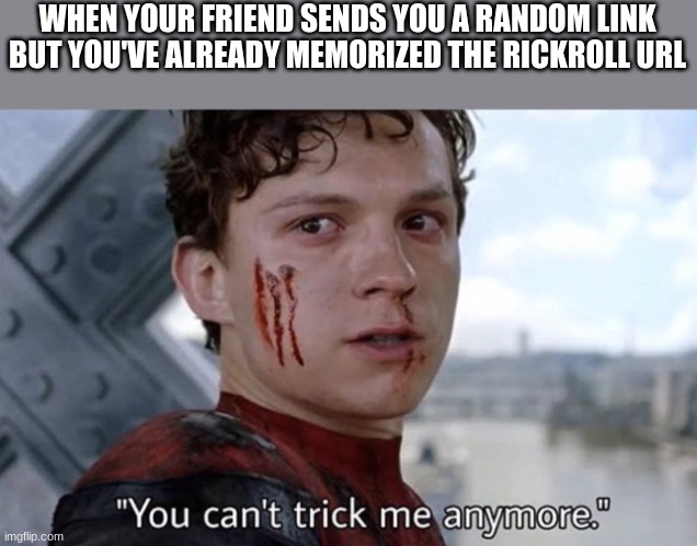 Too smort for you boi | WHEN YOUR FRIEND SENDS YOU A RANDOM LINK BUT YOU'VE ALREADY MEMORIZED THE RICKROLL URL | image tagged in you can't trick me anymore | made w/ Imgflip meme maker