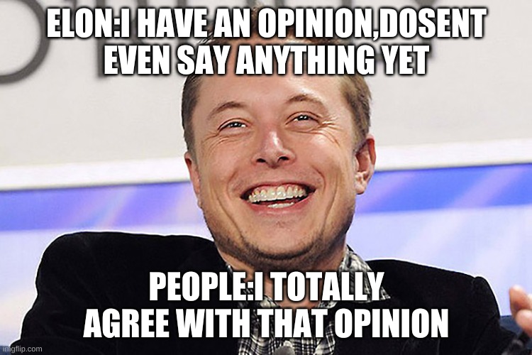 Elon musk | ELON:I HAVE AN OPINION,DOSENT EVEN SAY ANYTHING YET; PEOPLE:I TOTALLY AGREE WITH THAT OPINION | image tagged in elon musk | made w/ Imgflip meme maker