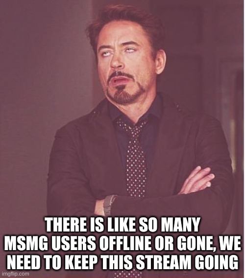 Face You Make Robert Downey Jr | THERE IS LIKE SO MANY MSMG USERS OFFLINE OR GONE, WE NEED TO KEEP THIS STREAM GOING | image tagged in memes,face you make robert downey jr | made w/ Imgflip meme maker
