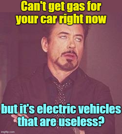 Some car lovers are stuck in the past | Can't get gas for
your car right now; but it's electric vehicles
that are useless? | image tagged in ironman eyeroll,fossil fuel,electric,vehicle,habits | made w/ Imgflip meme maker