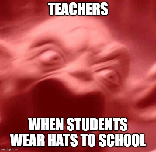 angry yoda red | TEACHERS WHEN STUDENTS WEAR HATS TO SCHOOL | image tagged in angry yoda red | made w/ Imgflip meme maker