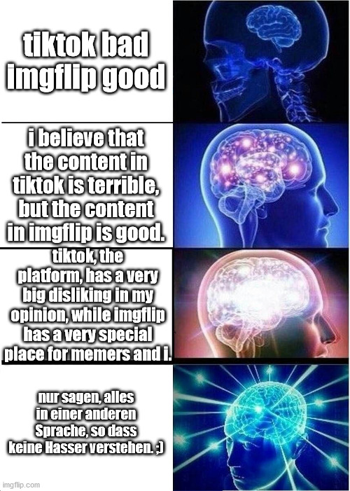 Expanding Brain | tiktok bad imgflip good; i believe that the content in tiktok is terrible, but the content in imgflip is good. tiktok, the platform, has a very big disliking in my opinion, while imgflip has a very special place for memers and i. nur sagen, alles in einer anderen Sprache, so dass keine Hasser verstehen. ;) | image tagged in memes,expanding brain | made w/ Imgflip meme maker