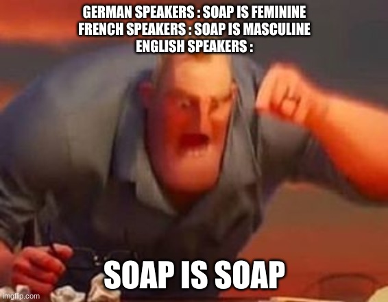 Mr incredible mad | GERMAN SPEAKERS : SOAP IS FEMININE
FRENCH SPEAKERS : SOAP IS MASCULINE
ENGLISH SPEAKERS :; SOAP IS SOAP | image tagged in mr incredible mad | made w/ Imgflip meme maker