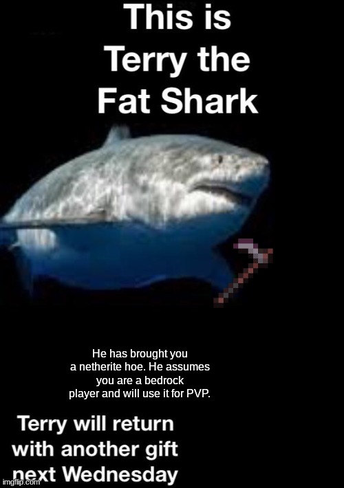 Terry the Fat Shark is back! | He has brought you a netherite hoe. He assumes you are a bedrock player and will use it for PVP. | image tagged in terry the fat shark | made w/ Imgflip meme maker