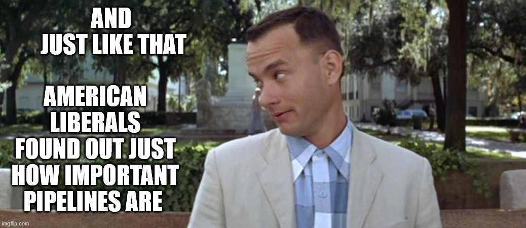 Forrest Gump Bench | AMERICAN LIBERALS FOUND OUT JUST HOW IMPORTANT PIPELINES ARE; AND 
JUST LIKE THAT | image tagged in forrest gump bench,liberals pipelines | made w/ Imgflip meme maker