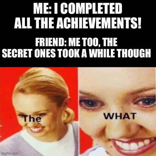 The What | ME: I COMPLETED ALL THE ACHIEVEMENTS! FRIEND: ME TOO, THE SECRET ONES TOOK A WHILE THOUGH | image tagged in the what | made w/ Imgflip meme maker