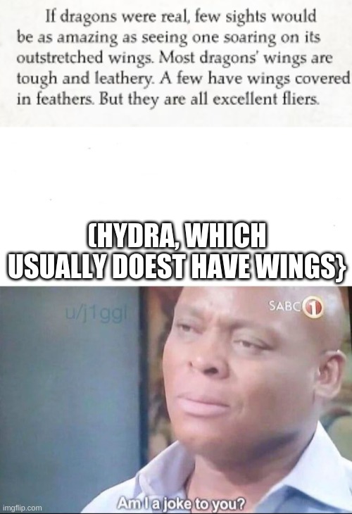 emphasis on all | (HYDRA, WHICH USUALLY DOEST HAVE WINGS} | image tagged in am i a joke to you | made w/ Imgflip meme maker