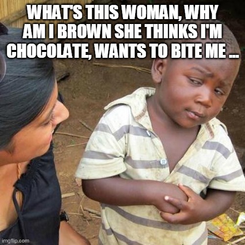 Third World Skeptical Kid | WHAT'S THIS WOMAN, WHY AM I BROWN SHE THINKS I'M CHOCOLATE, WANTS TO BITE ME ... | image tagged in memes,third world skeptical kid | made w/ Imgflip meme maker
