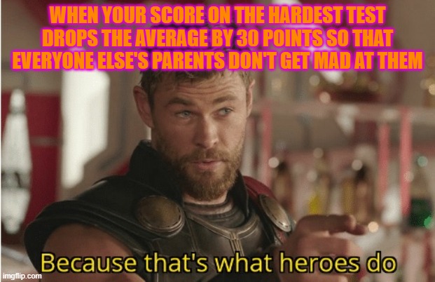 That’s what heroes do | WHEN YOUR SCORE ON THE HARDEST TEST DROPS THE AVERAGE BY 30 POINTS SO THAT EVERYONE ELSE'S PARENTS DON'T GET MAD AT THEM | image tagged in that s what heroes do | made w/ Imgflip meme maker