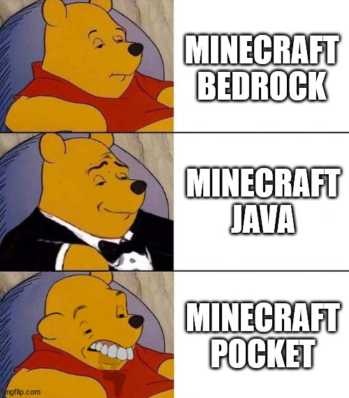 Minecraft games | MINECRAFT BEDROCK; MINECRAFT JAVA; MINECRAFT POCKET | image tagged in best better blurst | made w/ Imgflip meme maker