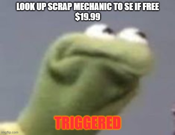 Kirmets angry face | LOOK UP SCRAP MECHANIC TO SE IF FREE
$19.99; TRIGGERED | image tagged in kirmets angry face | made w/ Imgflip meme maker
