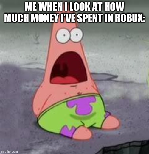 Suprised Patrick | ME WHEN I LOOK AT HOW MUCH MONEY I'VE SPENT IN ROBUX: | image tagged in suprised patrick | made w/ Imgflip meme maker