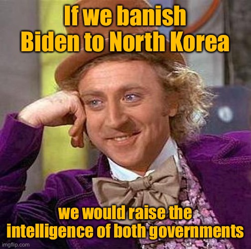 Think outside the box | If we banish Biden to North Korea; we would raise the intelligence of both governments | image tagged in creepy condescending wonka,joe biden,kim il jong,north korea,united states,banish | made w/ Imgflip meme maker