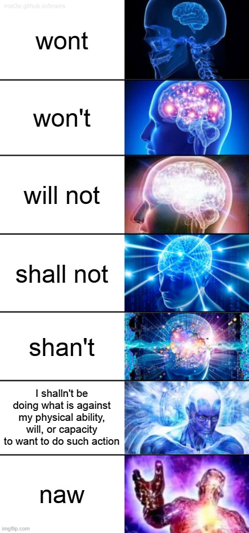 naw |  wont; won't; will not; shall not; shan't; I shalln't be doing what is against my physical ability, will, or capacity to want to do such action; naw | image tagged in 7-tier expanding brain | made w/ Imgflip meme maker