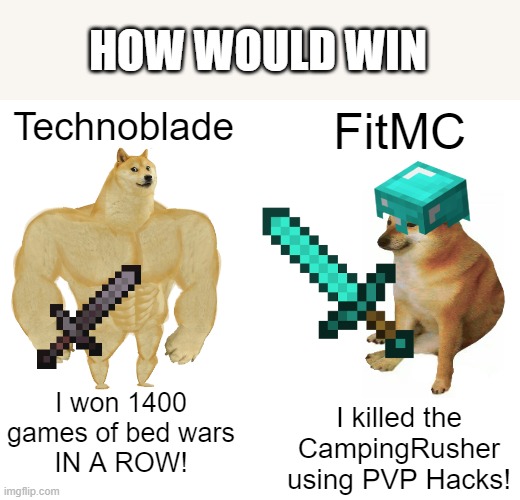 minecraft pvp meme | HOW WOULD WIN; Technoblade; FitMC; I won 1400 games of bed wars
IN A ROW! I killed the CampingRusher using PVP Hacks! | image tagged in memes,buff doge vs cheems | made w/ Imgflip meme maker