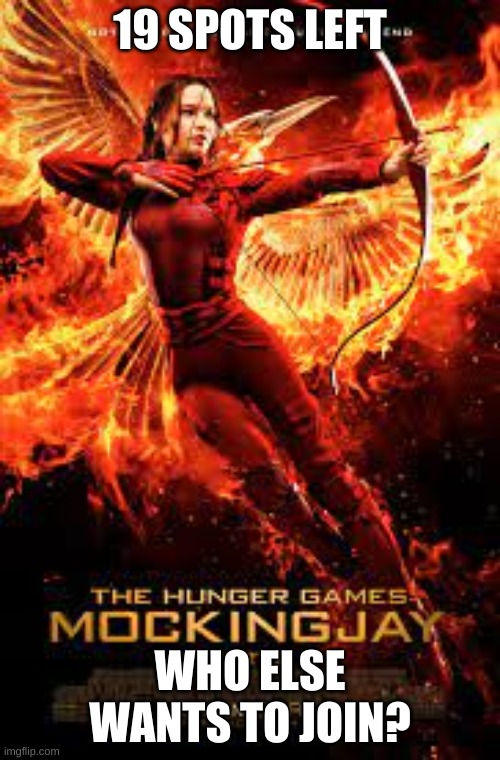 19 SPOTS LEFT; WHO ELSE WANTS TO JOIN? | image tagged in hunger games sim | made w/ Imgflip meme maker