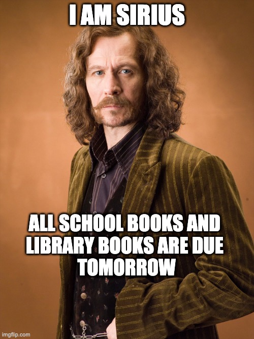 Library books due tomorrow | I AM SIRIUS; ALL SCHOOL BOOKS AND 
LIBRARY BOOKS ARE DUE 
TOMORROW | image tagged in library | made w/ Imgflip meme maker