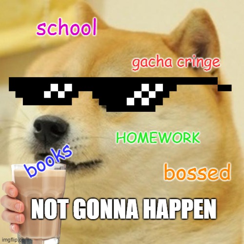 Doge Meme | school; gacha cringe; HOMEWORK; books; bossed; NOT GONNA HAPPEN | image tagged in memes,doge | made w/ Imgflip meme maker