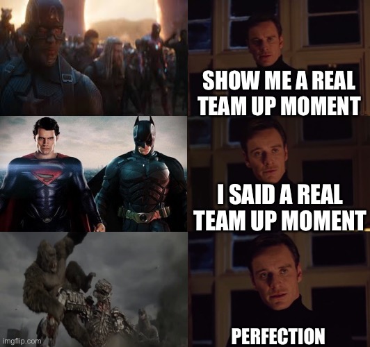perfection | SHOW ME A REAL TEAM UP MOMENT; I SAID A REAL TEAM UP MOMENT; PERFECTION | image tagged in perfection,avengers endgame,batman and superman,godzilla vs kong,warner bros,marvel | made w/ Imgflip meme maker