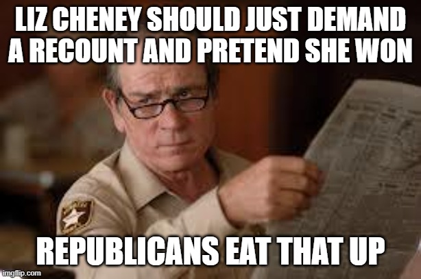 no country for old men tommy lee jones | LIZ CHENEY SHOULD JUST DEMAND A RECOUNT AND PRETEND SHE WON; REPUBLICANS EAT THAT UP | image tagged in no country for old men tommy lee jones | made w/ Imgflip meme maker