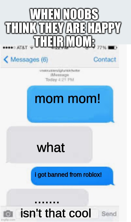 Noobs in roblox be like this | WHEN NOOBS THINK THEY ARE HAPPY 
THEIR MOM:; mom mom! what; i got banned from roblox! ....... isn't that cool | image tagged in blank text conversation | made w/ Imgflip meme maker