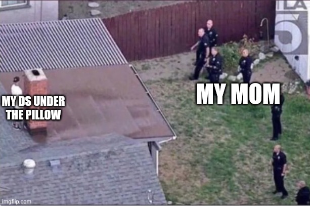 Guy hiding from cops on roof | MY MOM; MY DS UNDER THE PILLOW | image tagged in guy hiding from cops on roof | made w/ Imgflip meme maker