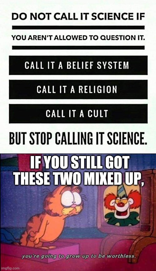 To all leftist folks who couldn't understand the difference: | IF YOU STILL GOT THESE TWO MIXED UP, | image tagged in garfield and binky the clown,memes | made w/ Imgflip meme maker