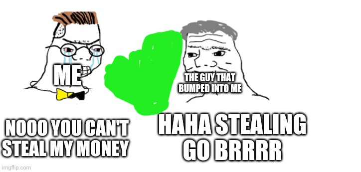 Bruh | ME; THE GUY THAT BUMPED INTO ME; NOOO YOU CAN'T STEAL MY MONEY; HAHA STEALING GO BRRRR | image tagged in nooo haha go brrr,memes | made w/ Imgflip meme maker