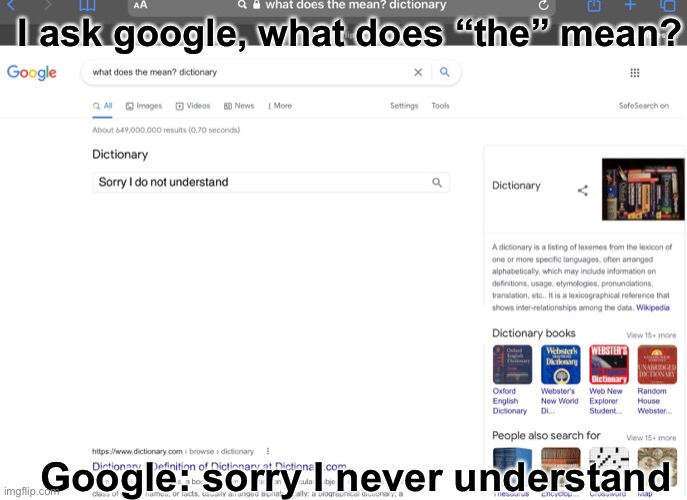 Google: I never understand | I ask google, what does “the” mean? Google: sorry I never understand | image tagged in google search,google chrome | made w/ Imgflip meme maker