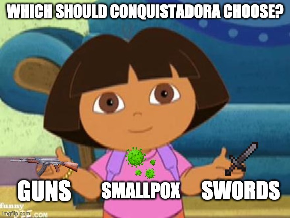 Dilemma Dora | WHICH SHOULD CONQUISTADORA CHOOSE? GUNS; SMALLPOX; SWORDS | image tagged in dilemma dora | made w/ Imgflip meme maker