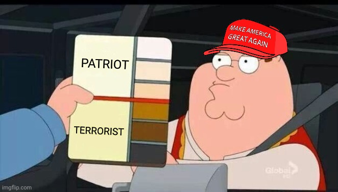 Peter Griffin skin color chart race terrorist blank | PATRIOT TERRORIST | image tagged in peter griffin skin color chart race terrorist blank | made w/ Imgflip meme maker