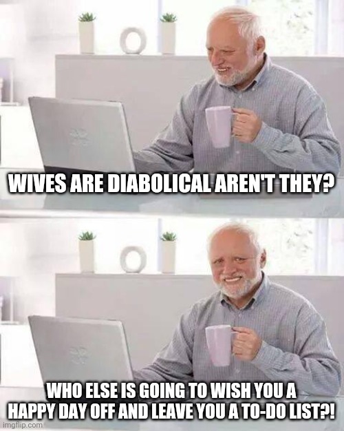 For better or for worse.  Hold the better with an extra helping of worse. | WIVES ARE DIABOLICAL AREN'T THEY? WHO ELSE IS GOING TO WISH YOU A HAPPY DAY OFF AND LEAVE YOU A TO-DO LIST?! | image tagged in memes,hide the pain harold | made w/ Imgflip meme maker