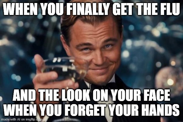 Leonardo Dicaprio Cheers | WHEN YOU FINALLY GET THE FLU; AND THE LOOK ON YOUR FACE WHEN YOU FORGET YOUR HANDS | image tagged in memes,leonardo dicaprio cheers | made w/ Imgflip meme maker