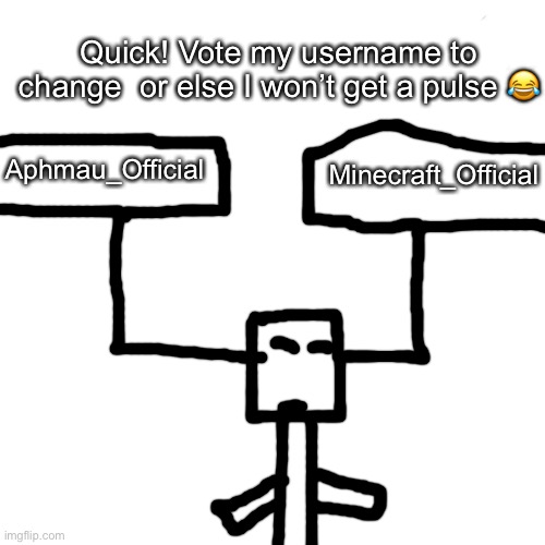 Blank Transparent Square Meme | Quick! Vote my username to change  or else I won’t get a pulse 😂; Aphmau_Official; Minecraft_Official | image tagged in memes,blank transparent square | made w/ Imgflip meme maker