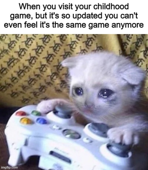 :( |  When you visit your childhood game, but it's so updated you can't even feel it's the same game anymore | image tagged in crying cat,gaming,relatable,memes,funny memes,childhood | made w/ Imgflip meme maker