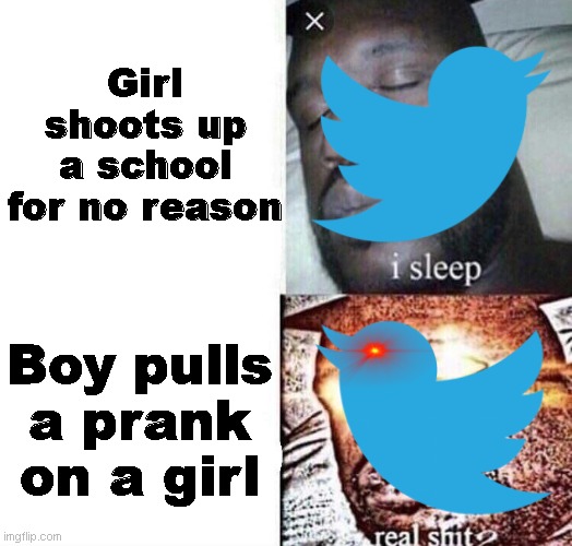 Twitter Being Twitter... | Girl shoots up a school for no reason; Boy pulls a prank on a girl | image tagged in i sleep real shit,twitter,birds,bird | made w/ Imgflip meme maker