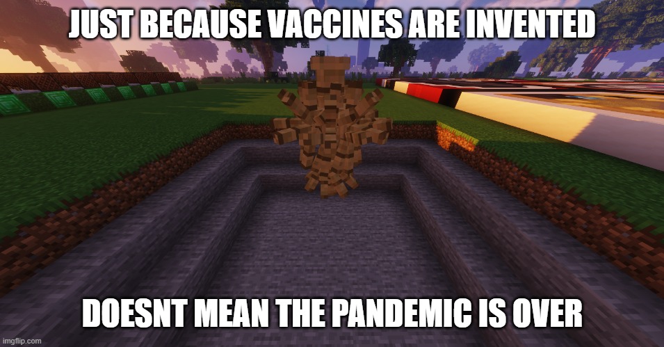 pandemic | JUST BECAUSE VACCINES ARE INVENTED; DOESNT MEAN THE PANDEMIC IS OVER | image tagged in minecraft,armorstand,pandemic,meme,memey,gaming | made w/ Imgflip meme maker