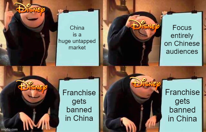 Gru's Plan | China is a huge untapped market; Focus entirely on Chinese audiences; Franchise gets banned in China; Franchise gets banned in China | image tagged in memes,gru's plan | made w/ Imgflip meme maker