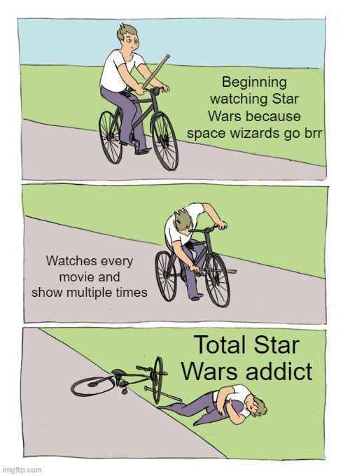 Bike Fall Meme | Beginning watching Star Wars because space wizards go brr; Watches every movie and show multiple times; Total Star Wars addict | image tagged in memes,bike fall | made w/ Imgflip meme maker