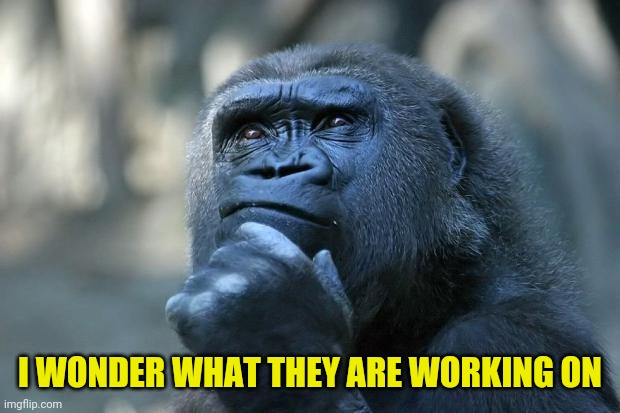 Deep Thoughts | I WONDER WHAT THEY ARE WORKING ON | image tagged in deep thoughts | made w/ Imgflip meme maker