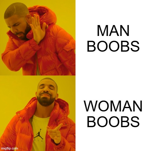 Boobies! | MAN BOOBS; WOMAN BOOBS | image tagged in memes,drake hotline bling,man boobs,boobies | made w/ Imgflip meme maker