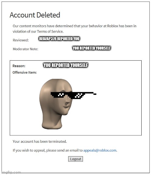 Stupid meme but it was a friends idea | REDZAP378 REPORTED YOU; YOU REPORTED YOURSELF; YOU REPORTED YOURSELF | image tagged in banned from roblox | made w/ Imgflip meme maker
