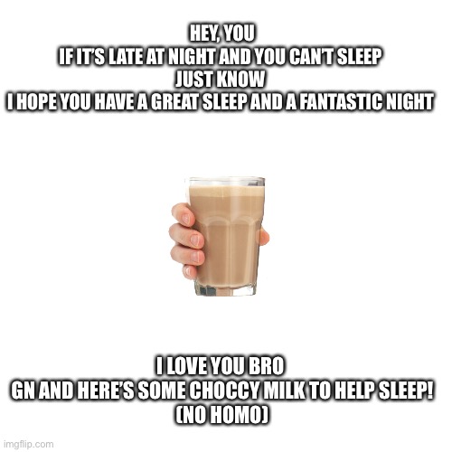 Have a good sleep my guy | HEY, YOU
IF IT’S LATE AT NIGHT AND YOU CAN’T SLEEP 
JUST KNOW 
I HOPE YOU HAVE A GREAT SLEEP AND A FANTASTIC NIGHT; I LOVE YOU BRO 
GN AND HERE’S SOME CHOCCY MILK TO HELP SLEEP!
(NO HOMO) | image tagged in memes,blank transparent square | made w/ Imgflip meme maker